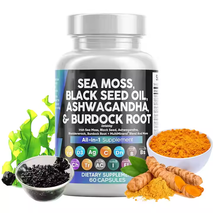 Zwartzaadolie en Ashwagandha-supplement zeemoscapsules